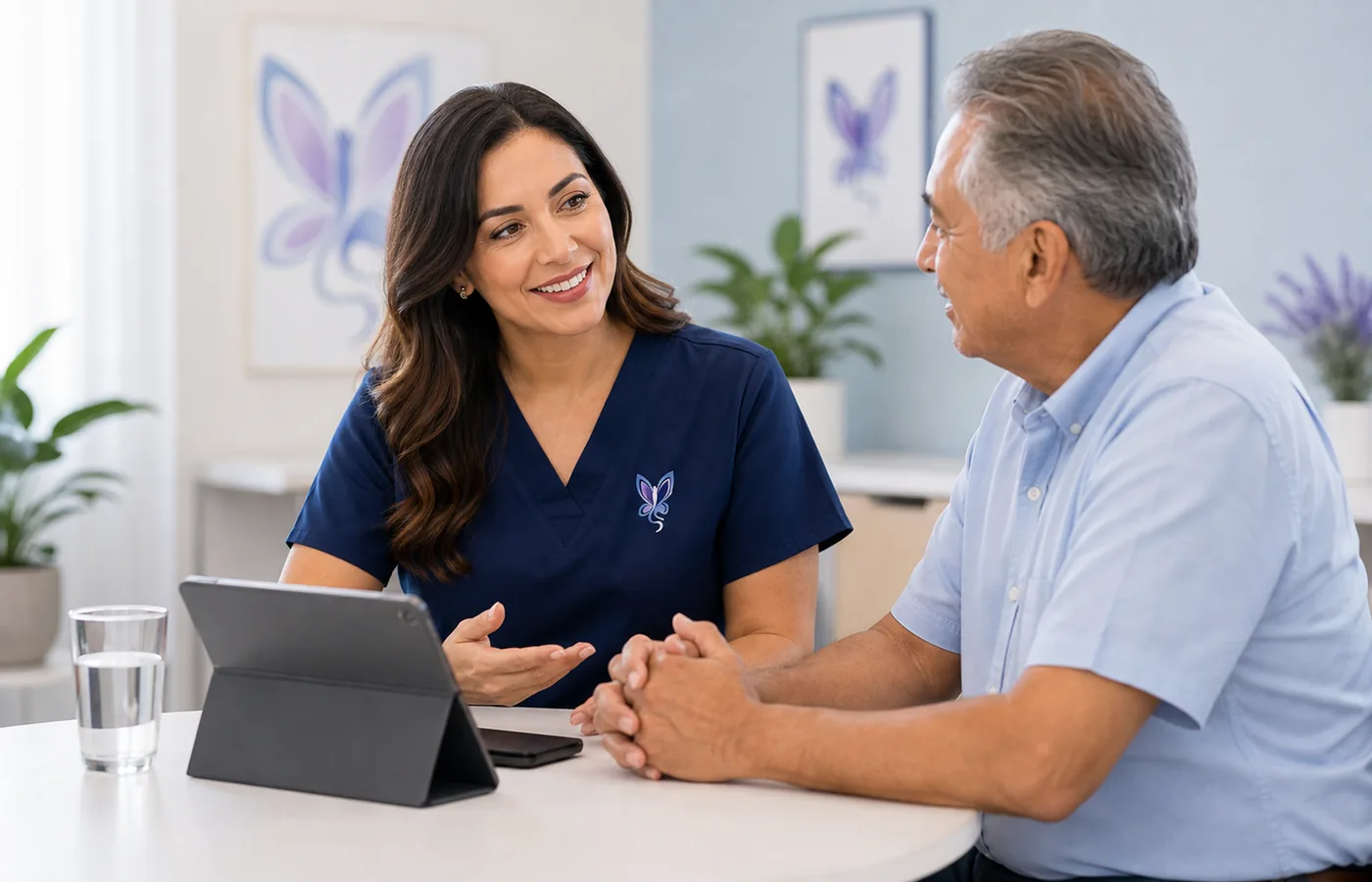 Clinician discussing swallowing evaluation expectations with a patient