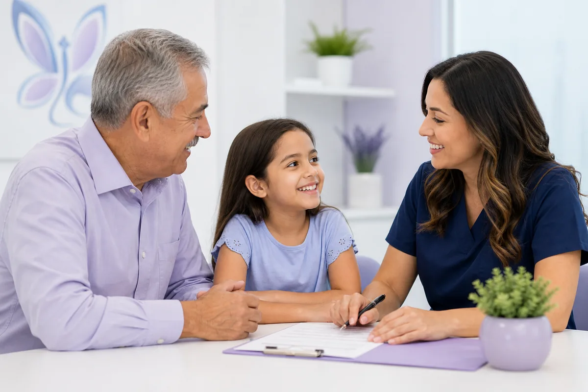 Family reviewing swallowing care information with a clinician