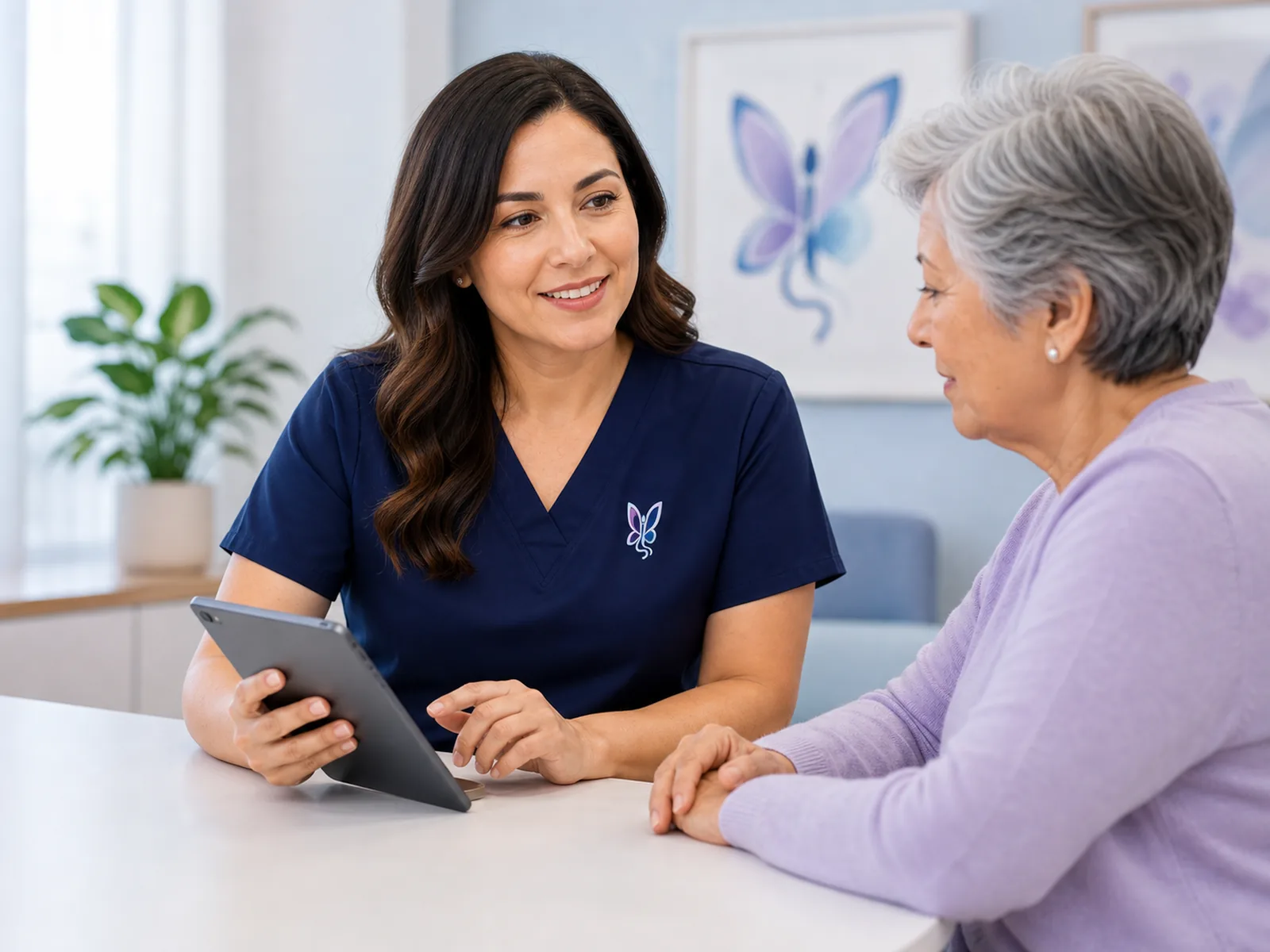 Clinician reviewing swallowing care with a patient