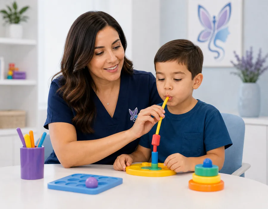 Clinician supporting a child during swallowing therapy