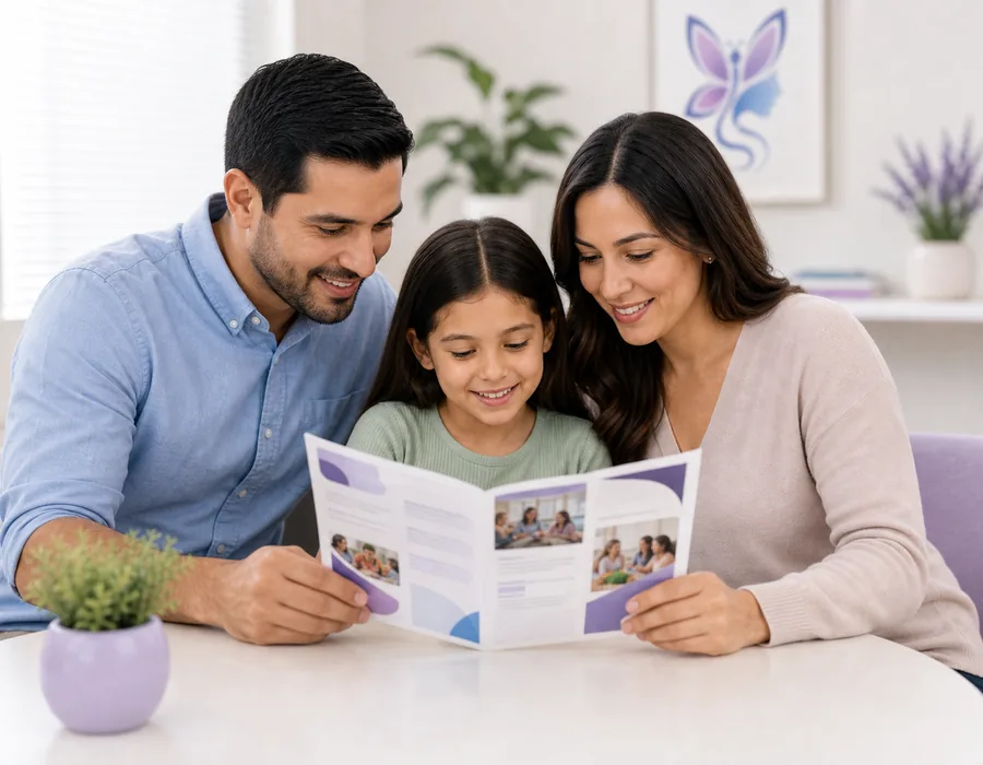 Family reviewing care education materials together